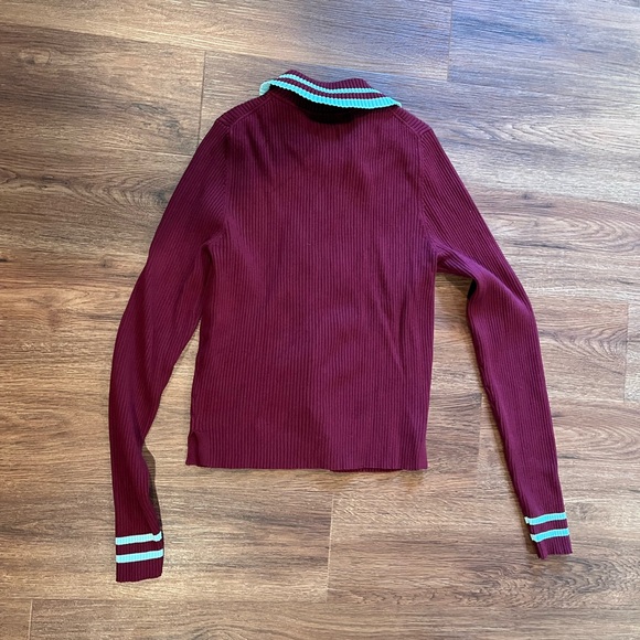 ANTHRO MAEVE Plunging Long-Sleeve Polo Cardigan Burgundy Baby Blue Ribbed Small - Picture 4 of 17